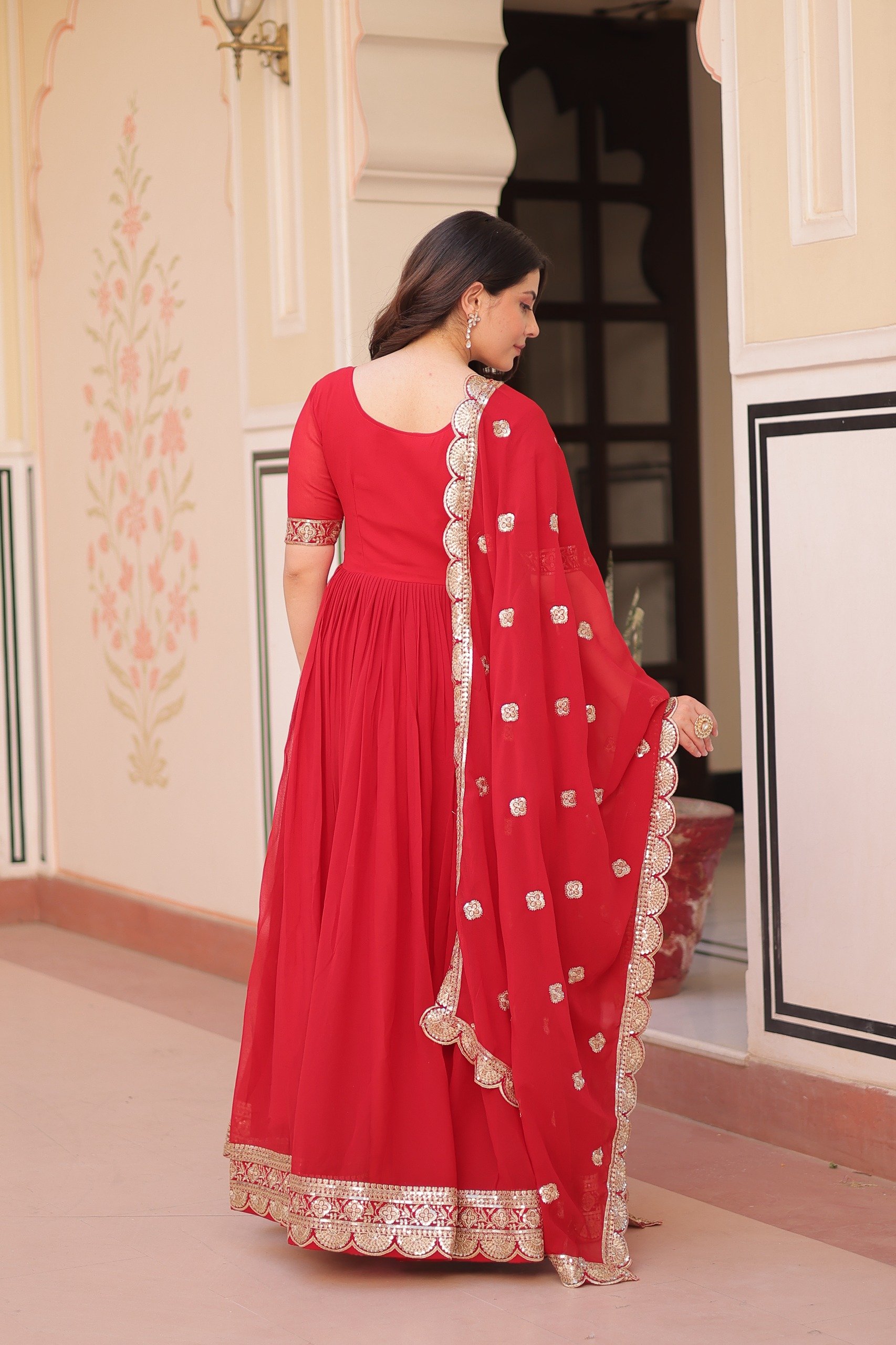 Red Faux Blooming Embroidery Zari Work Gown - Image 6
