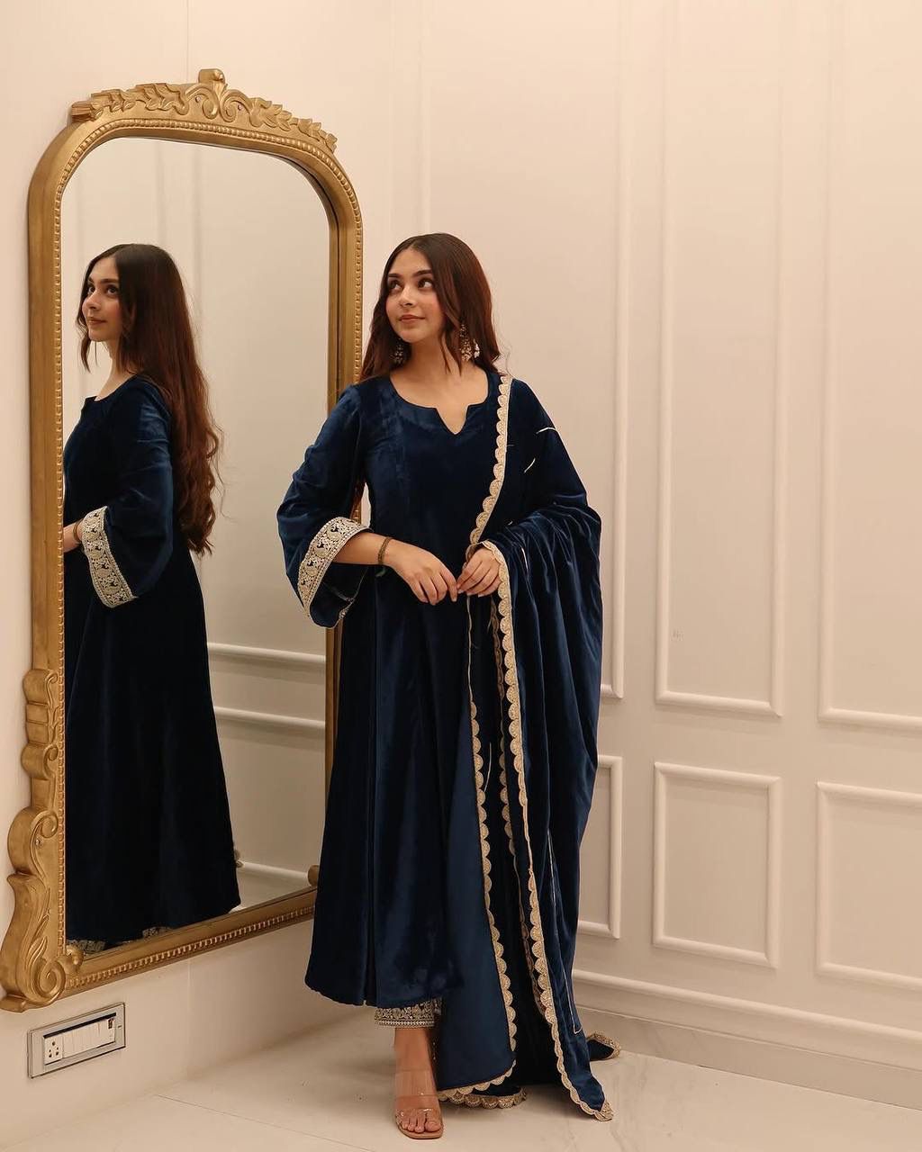 Navy Blue Viscous Velvet Embroidery Work Gown