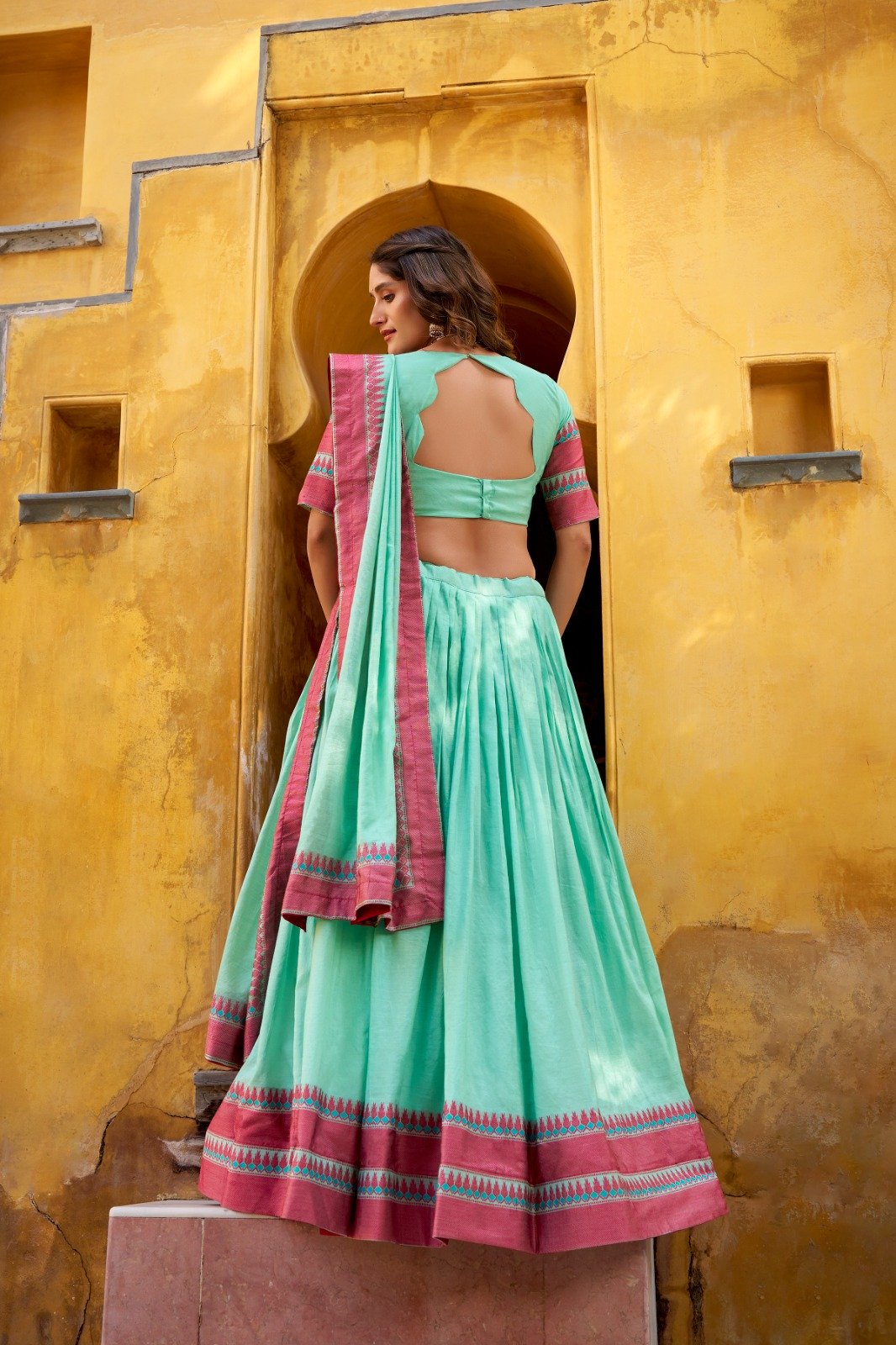 Sky Blue Chanderi Embroidery Work Lehenga Choli - Image 3