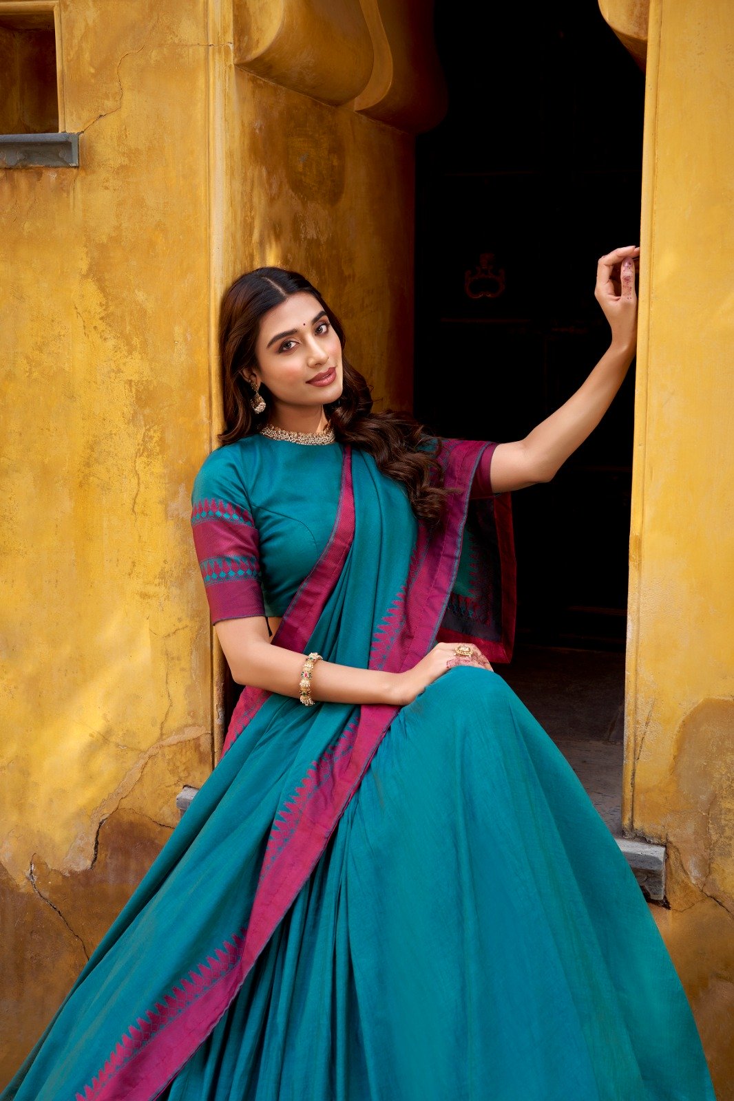 Teal Chanderi Embroidery Work Lehenga Choli - Image 4