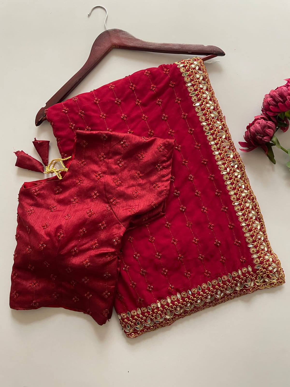 Maroon Faux Georgette Embroidery Mirror Work Saree