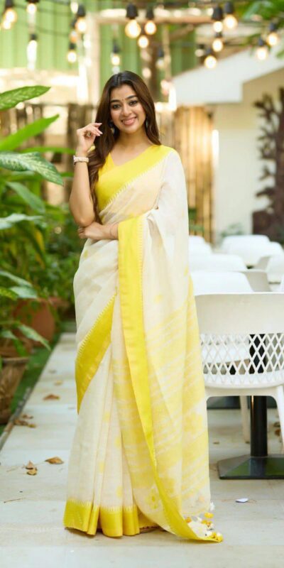 White Soft Lilan Slab Lace Border Saree