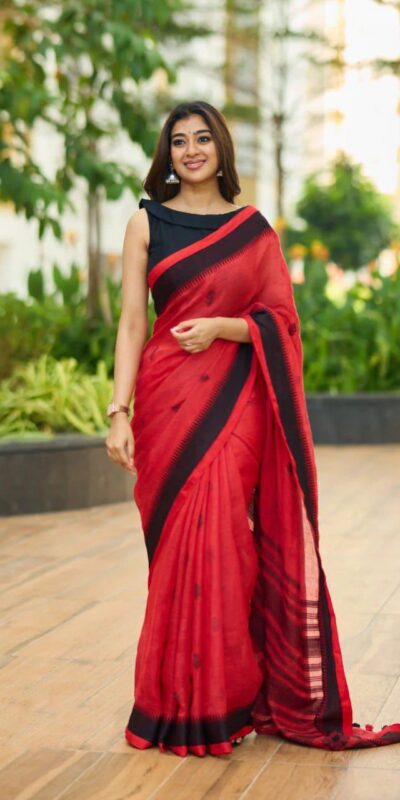 Red Soft Lilan Slab Lace Border Saree