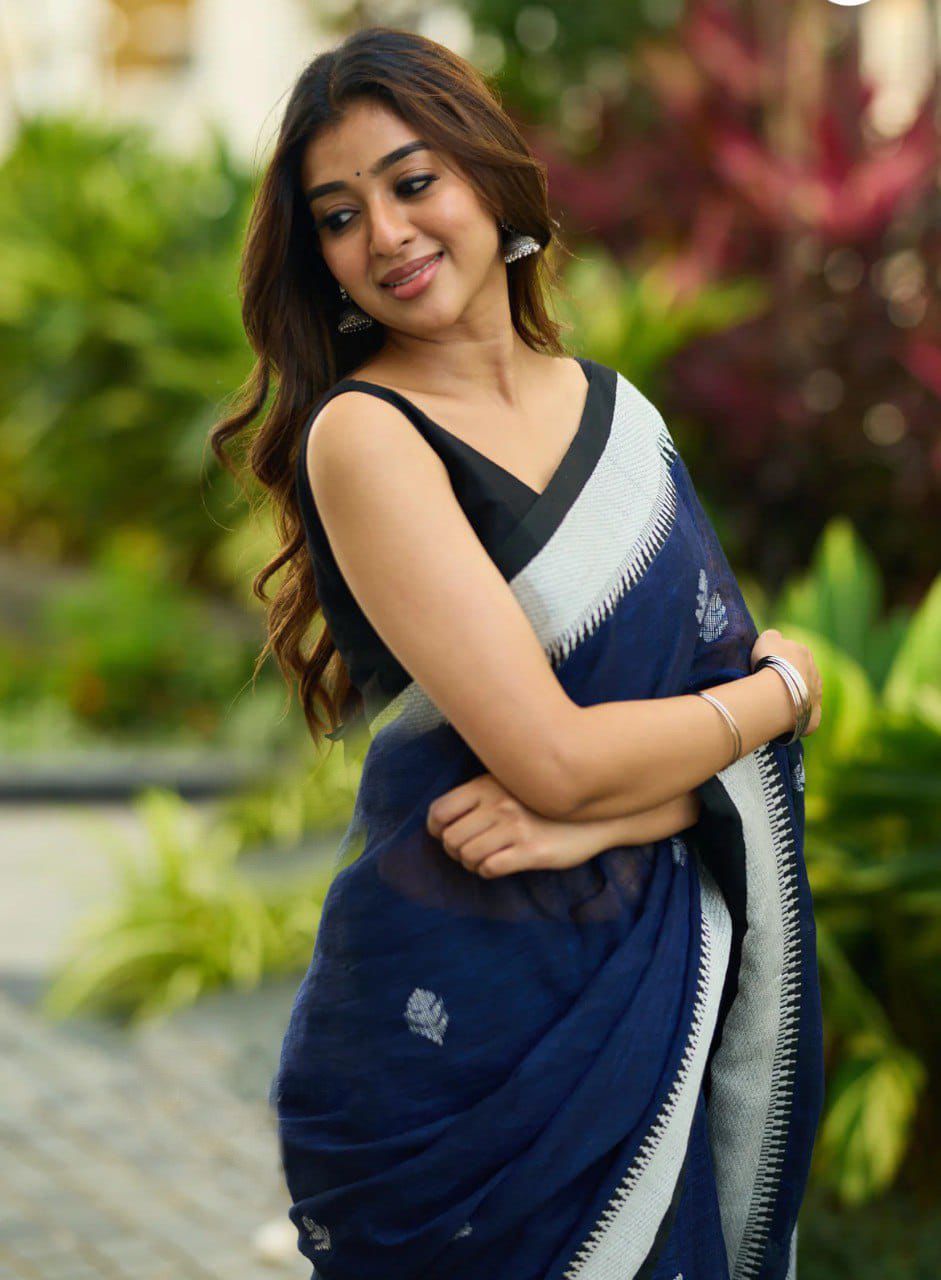 Blue Soft Lilan Slab Lace Border Saree - Image 3