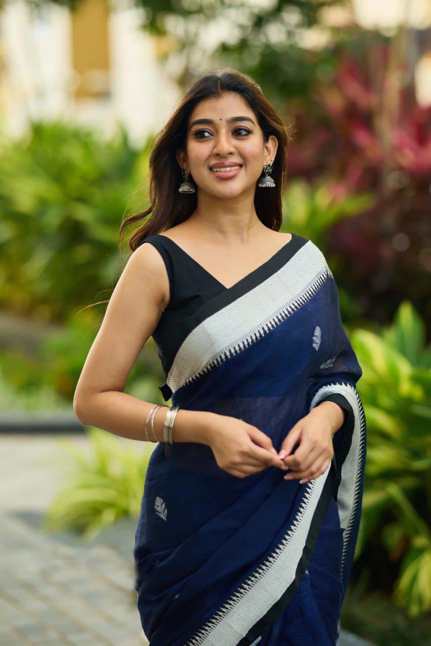 Blue Soft Lilan Slab Lace Border Saree - Image 4