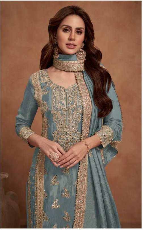 Grey Vichitra Embroidery Lace Work Salwar Suit - Image 2