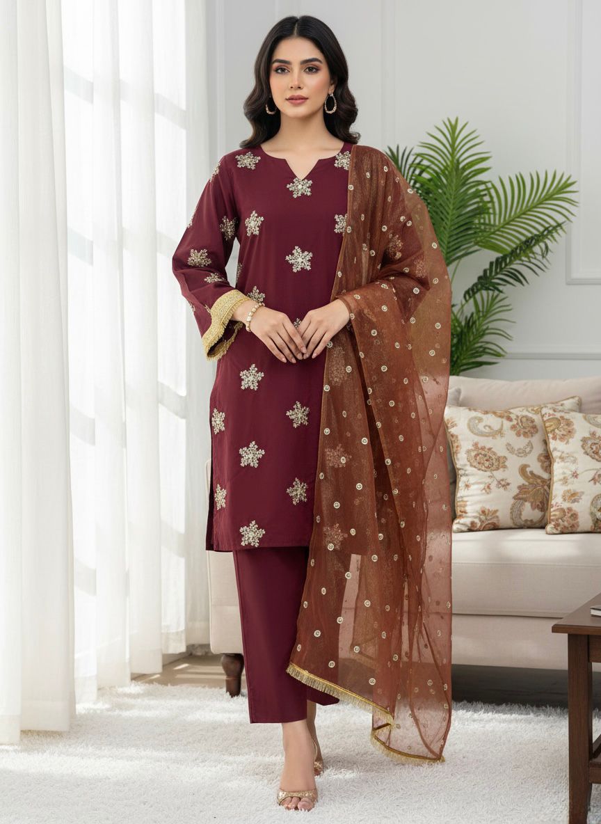 Maroon Natural Crep Silk Border Lace Work Salwar Suit
