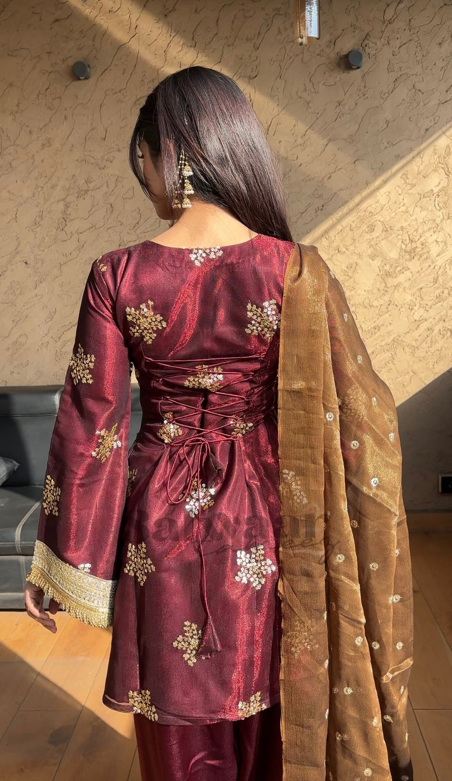 Maroon Natural Crep Silk Border Lace Work Salwar Suit - Image 7