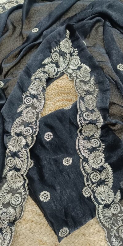 Black Space Silk Embroidery Work Saree