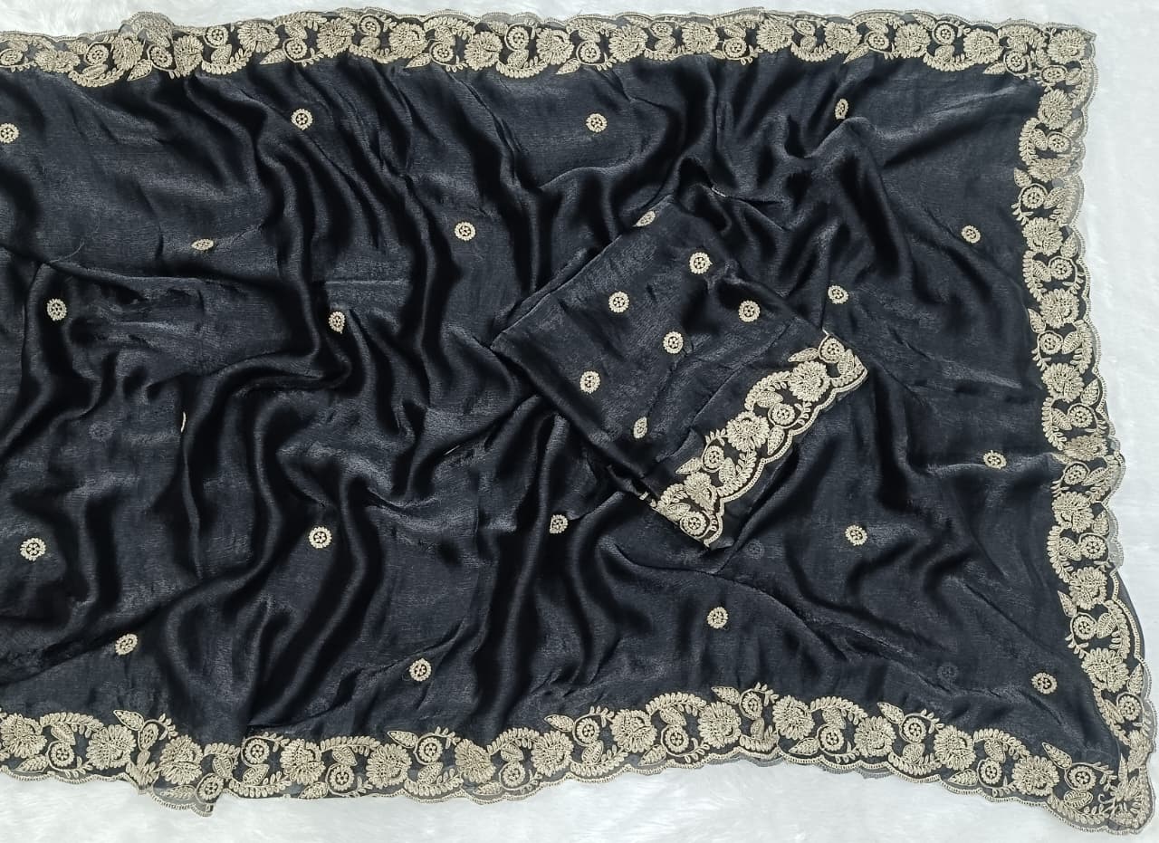 Black Space Silk Embroidery Work Saree - Image 2