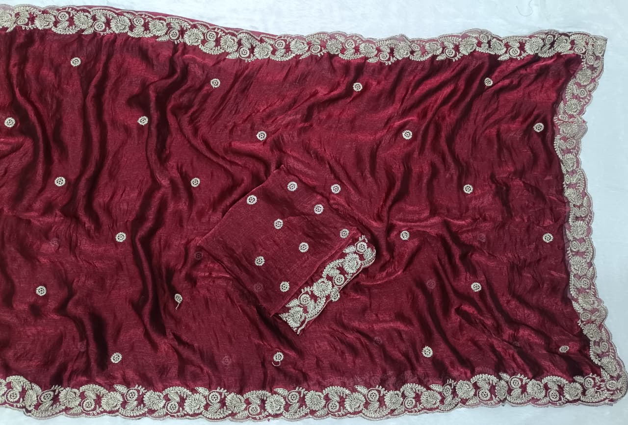 Maroon Space Silk Embroidery Work Saree - Image 2