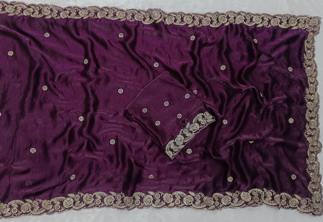 Wine Space Silk Embroidery Work Saree - Image 2
