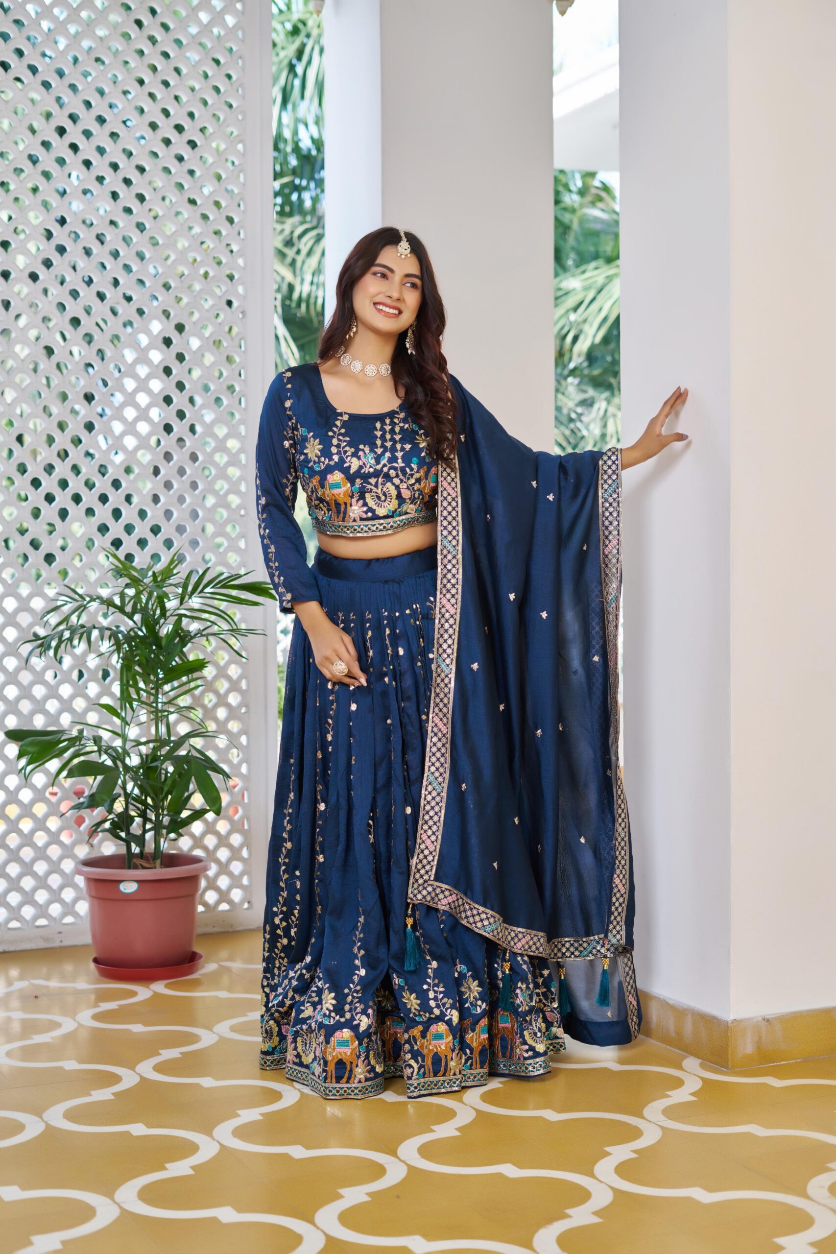 Navy Blue Vichitra Embroidery Work Lehenga Choli - Image 2