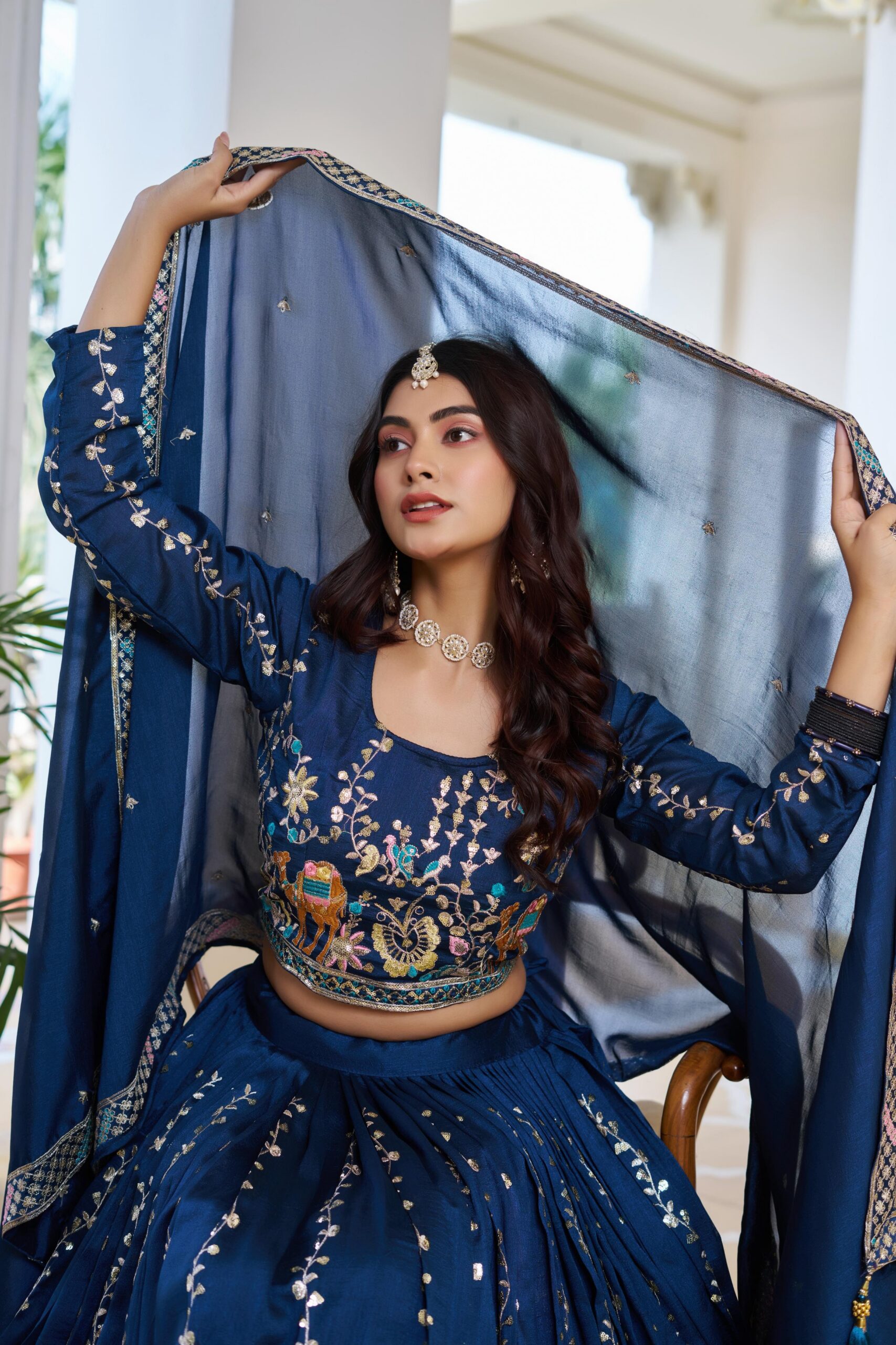 Navy Blue Vichitra Embroidery Work Lehenga Choli - Image 5