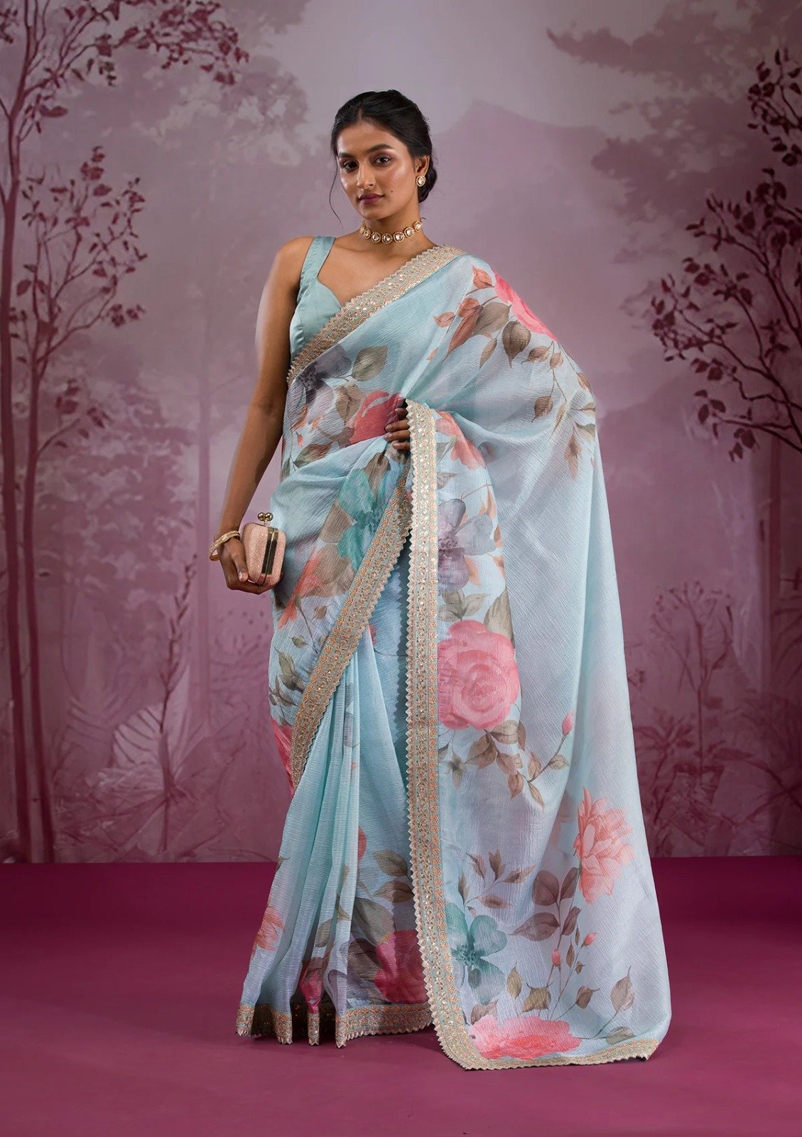 Sky Blue Chinon Silk Embroidery Cut Work Saree