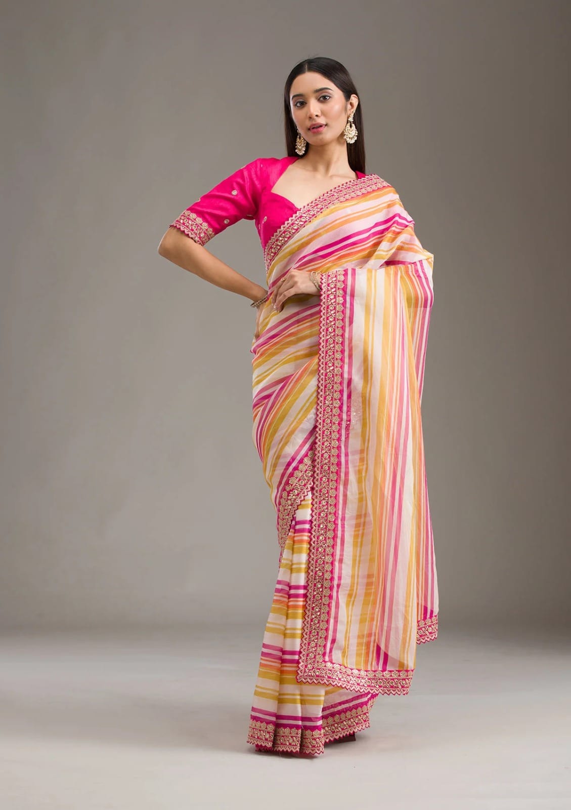 Pink Chinon Silk Embroidery Cut Work Saree