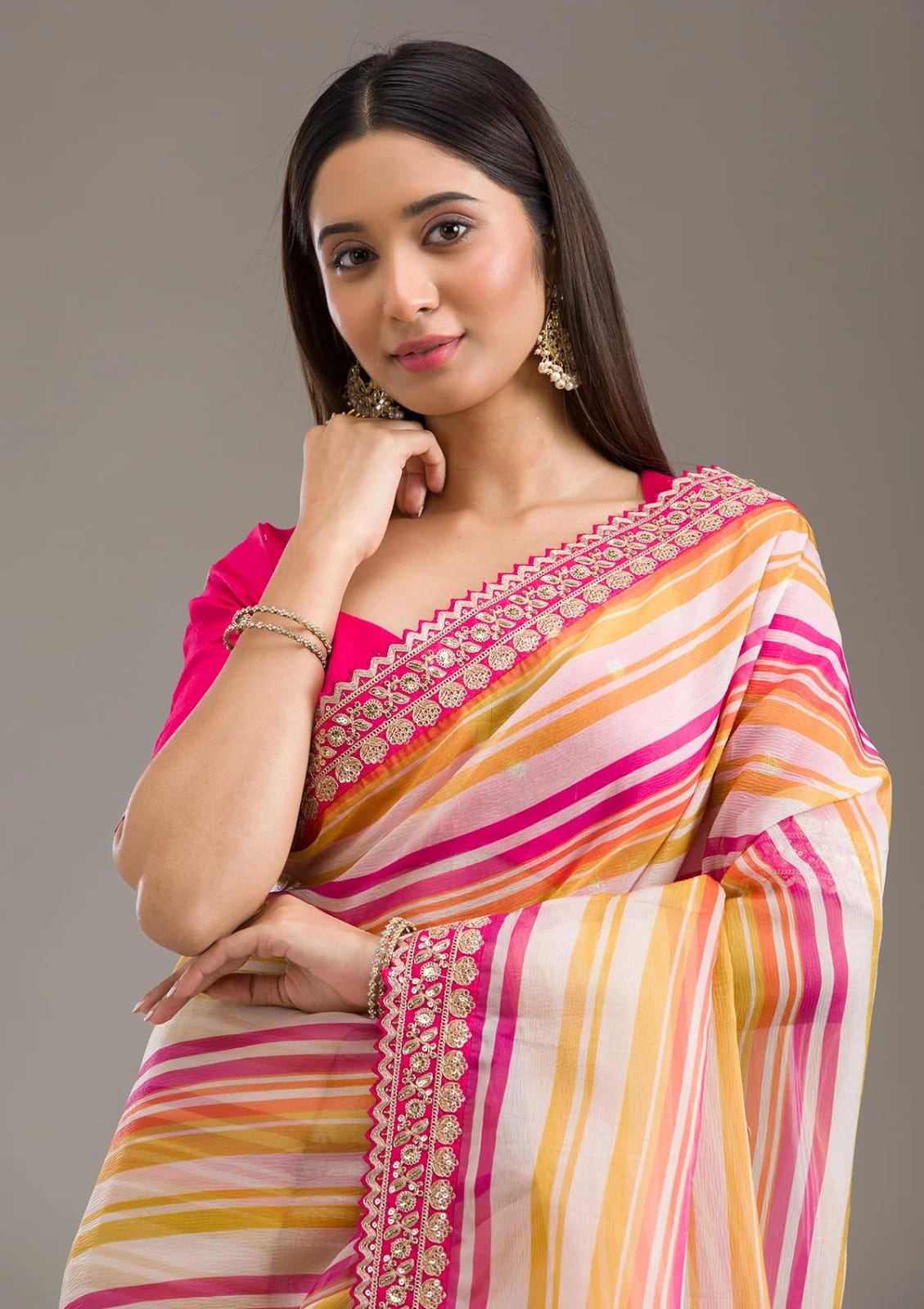 Pink Chinon Silk Embroidery Cut Work Saree - Image 3