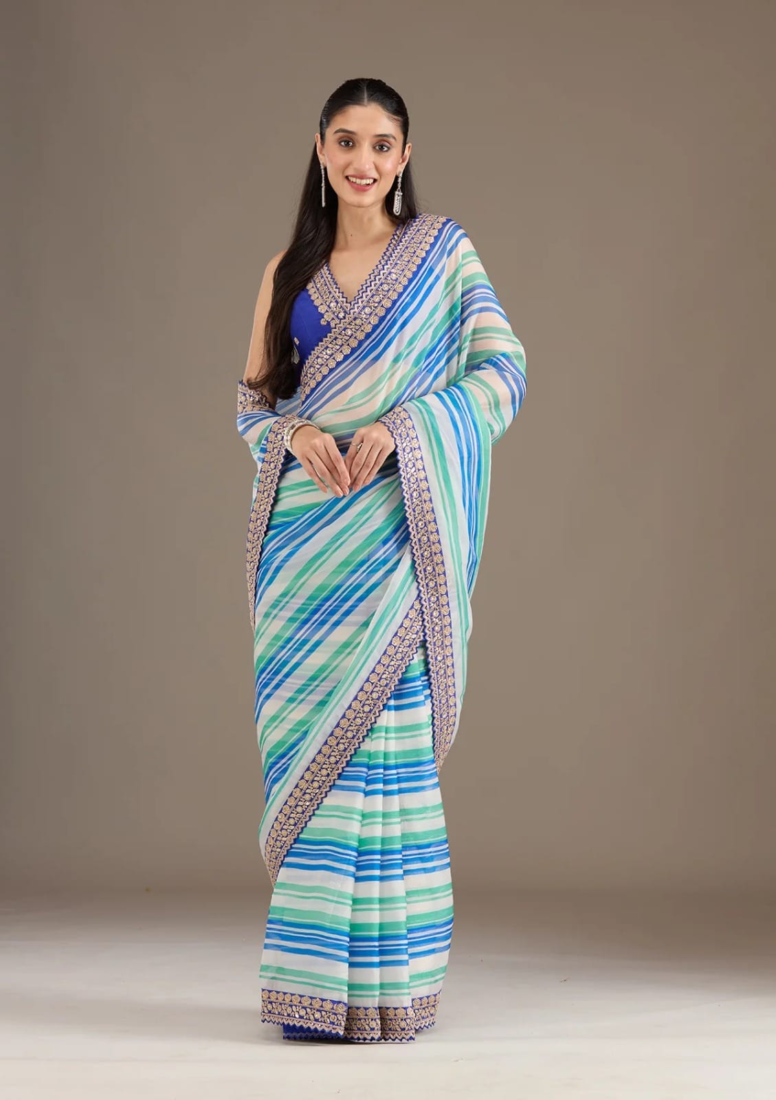 Royal Blue Chinon Silk Embroidery Cut Work Saree - Image 2
