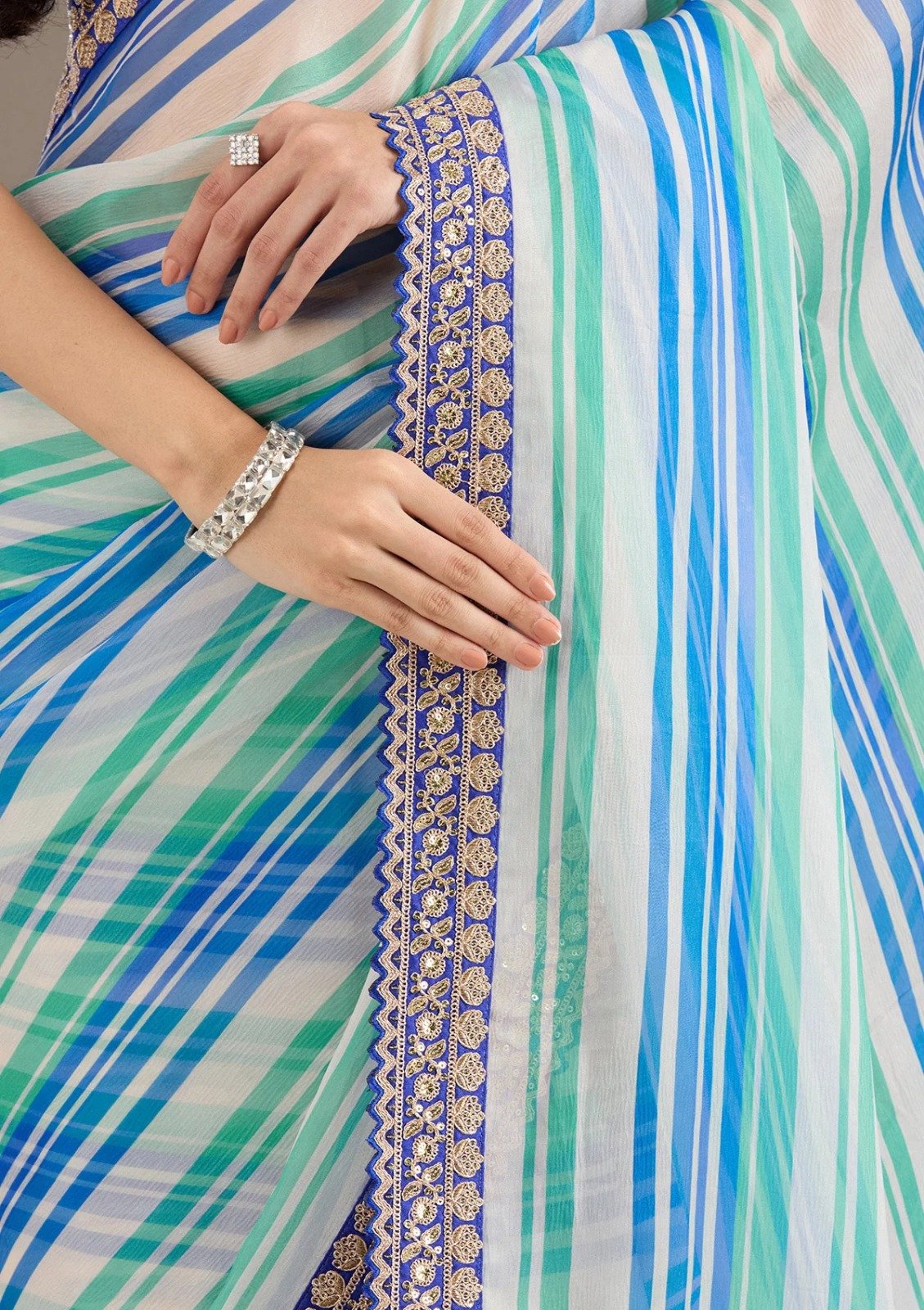 Royal Blue Chinon Silk Embroidery Cut Work Saree - Image 4