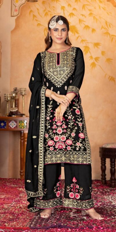 Black Faux Georgette With Embroidery Work Salwar Suit