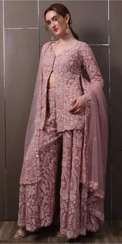 Light Pink Faux Georgette Lace Work Salwar Suit