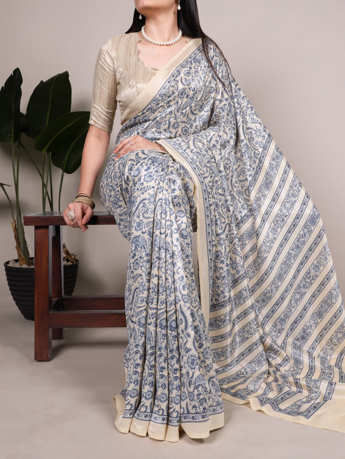 Blue Taser Silk With Printed Work Saree