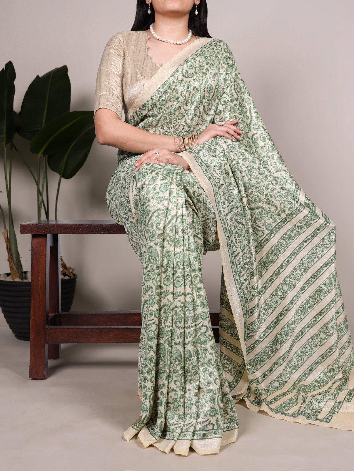 Green Taser Silk With Printed Work Saree