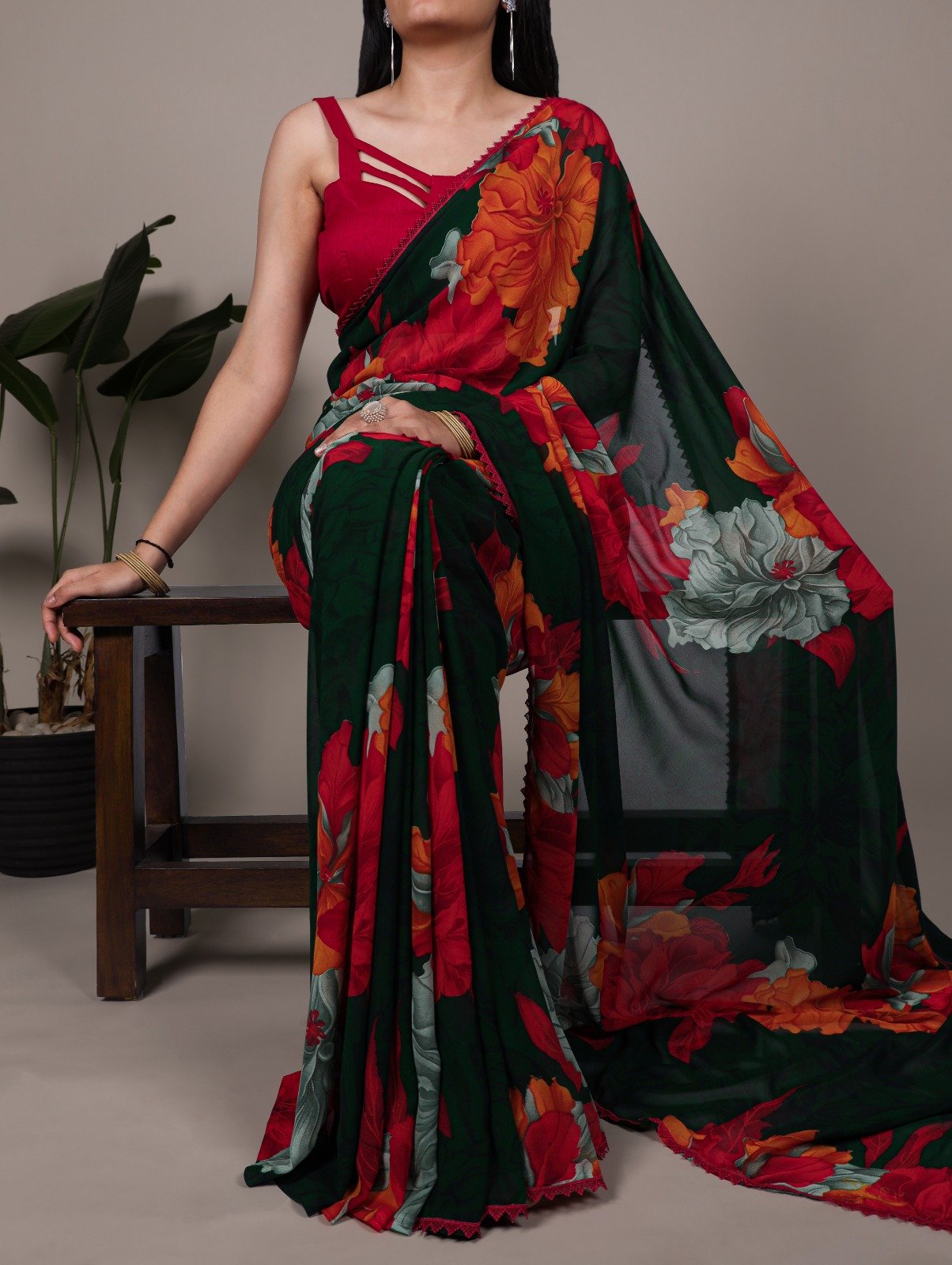 Red Weightless Marbal Lace Border Work Saree