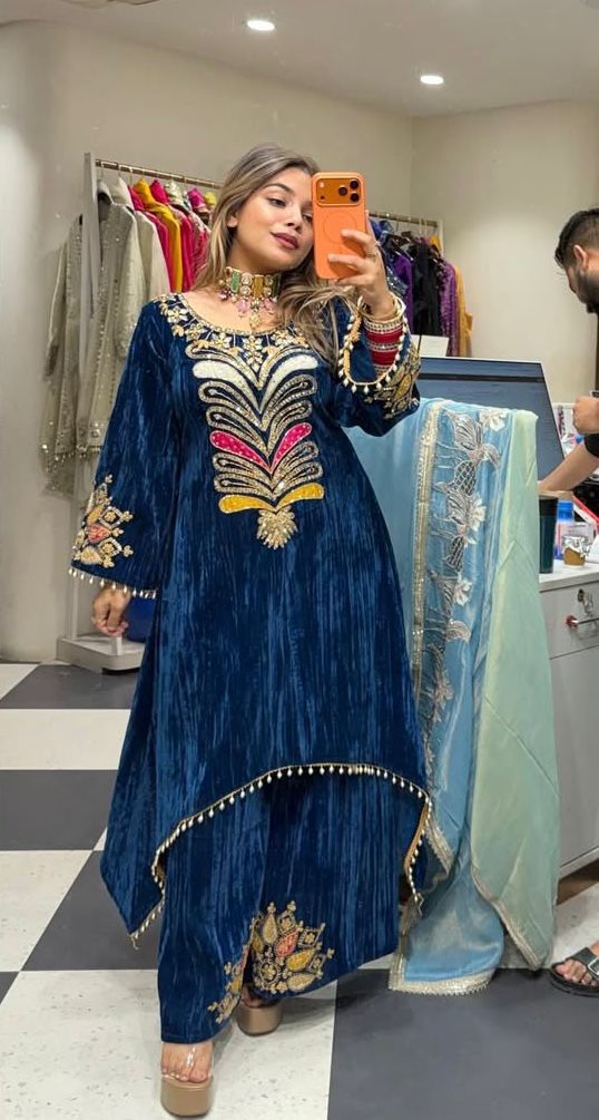 Blue Velvet Sequence Patch Work Salwar Suit