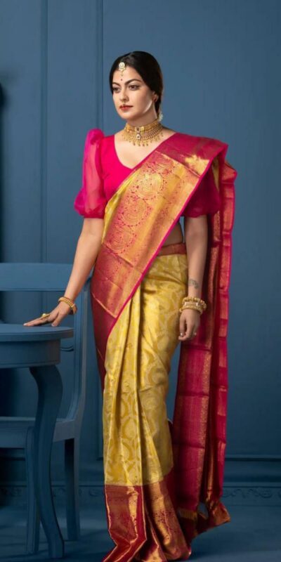 Mustered Soft Lichi Silk  Border Lace Work Saree