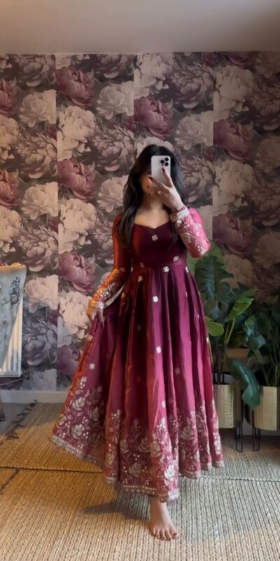 Wine Chinon Silk Thread Work Salwar Suit