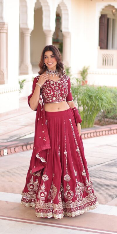 KA 5052 Maroon Vichitra Silk Lehenga Choli Perfect for Wedding, Party, Baby Shower, Cultural Events, Pooja – . Exclusive Offer ₹2599. Delivery 4-6 Wo | Lehenga, Bollywood Lehenga, Creative Lehenga, Designer Lehenga, Embroidered Lehenga, Party Wear Lehenga