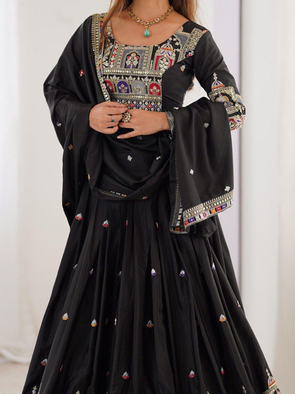 Black Chinon Silk Embroidery Work Lehenga Choli - Image 2