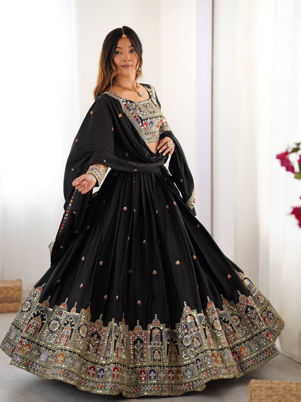 Black Chinon Silk Embroidery Work Lehenga Choli - Image 3