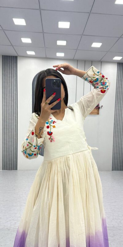 Lavender Soft Cotton Embroidery Work Gown