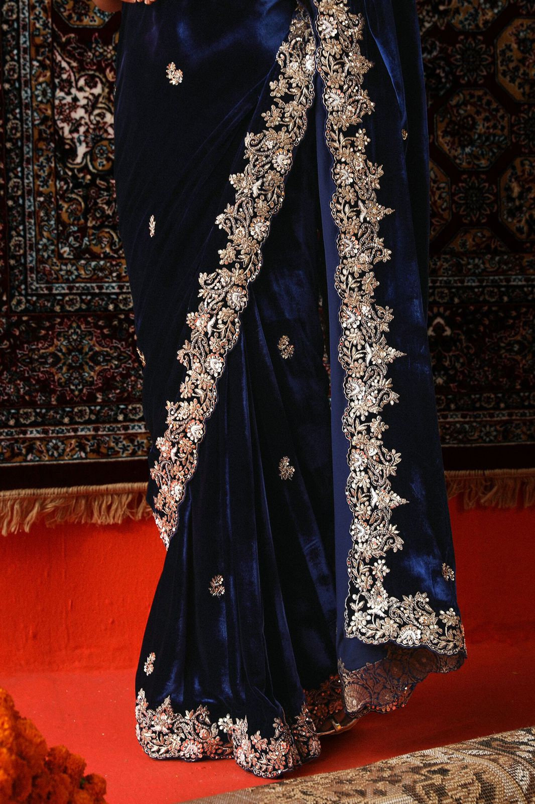Navy Blue Viscose Velvet Thread Work Saree - Image 2