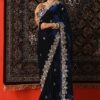 Navy Blue Viscose Velvet Thread Work Saree