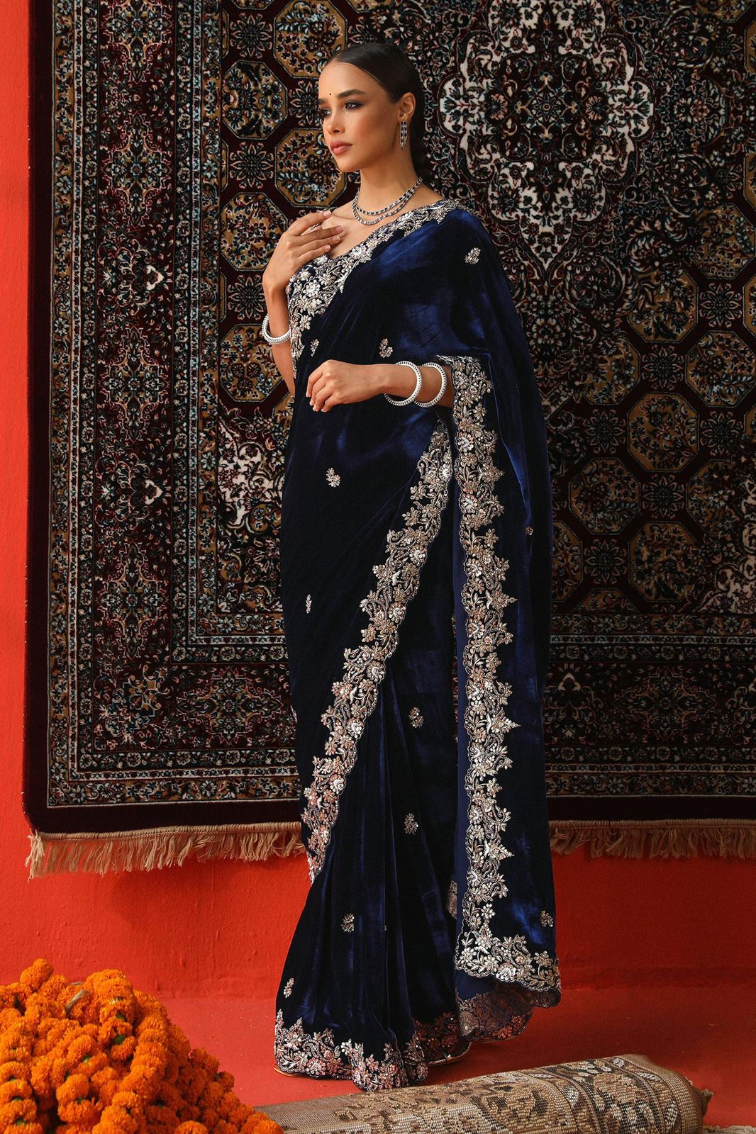 Navy Blue Viscose Velvet Thread Work Saree