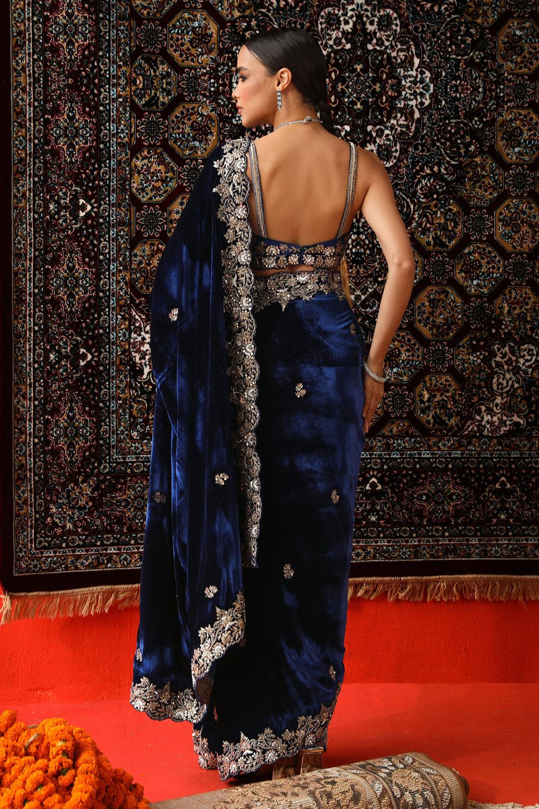 Navy Blue Viscose Velvet Thread Work Saree - Image 4