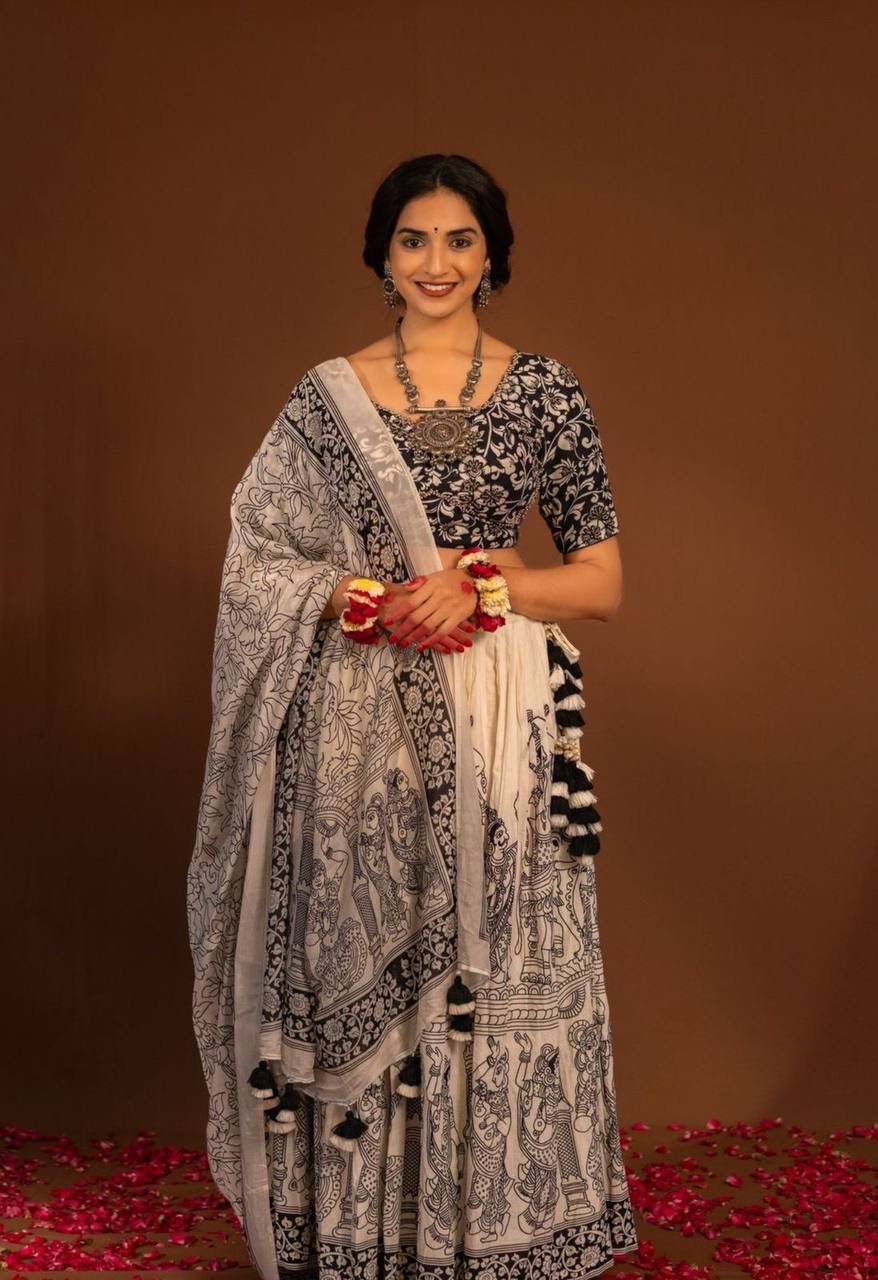 Light Peach Cotton Kalamkari Print Lehenga Choli - Image 5