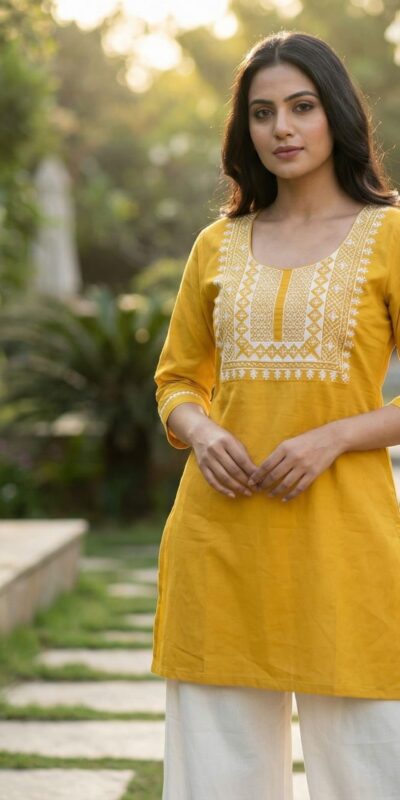 Yellow Rayon Thread Work Kurti