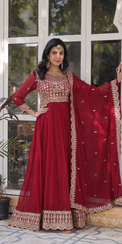 Maroon Faux Blooming Embroidery Zari Work Gown