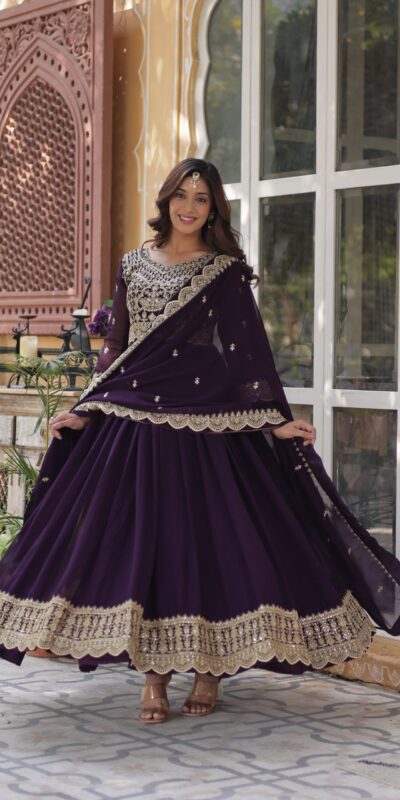 Wine Faux Blooming Embroidery Zari Work Gown