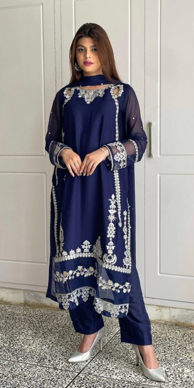 Navy Blue Faux Georgette With Sequence Work Salwar Suit