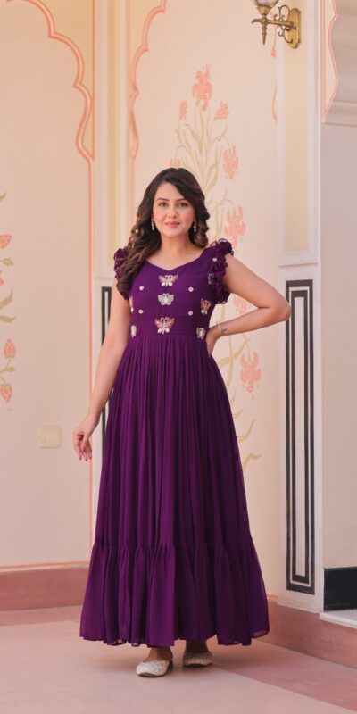 Purple Faux Blooming Sequins Work Gown