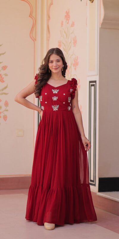 Maroon Faux Blooming Sequins Work Gown