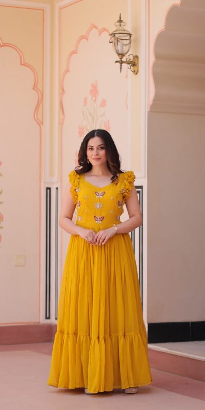 Yellow Faux Blooming Sequins Work Gown
