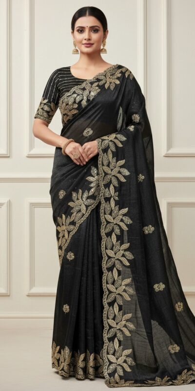 Black Soft Organza Silk With Sequins Work Saree