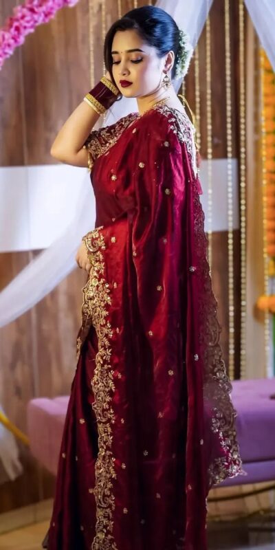 Maroon Fandy Satin Silk With Sequins Work Saree