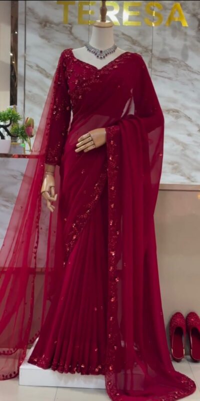 Red Faux Georgette Embroidery Work Saree